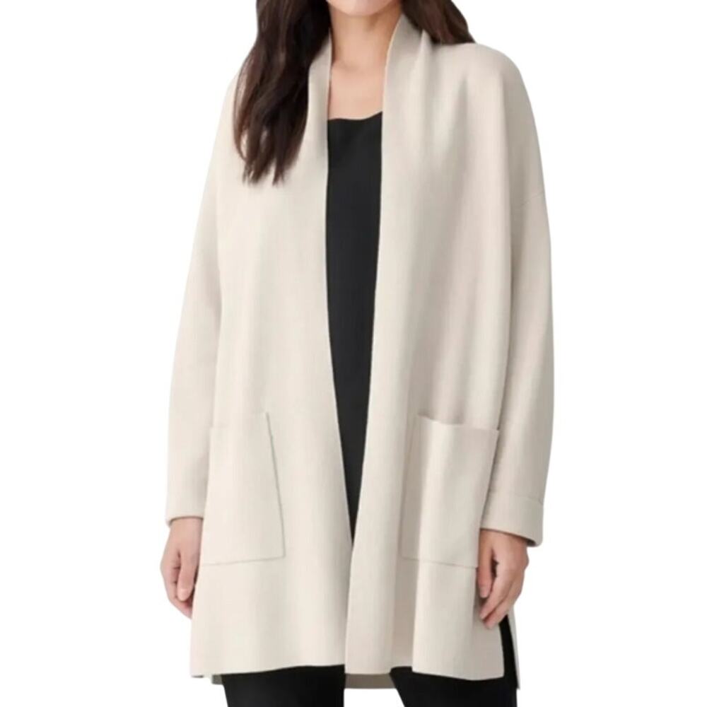 Eileen Fisher Silk Organic Cotton Interlock Long Cardigan Ivory PocketsLarge
